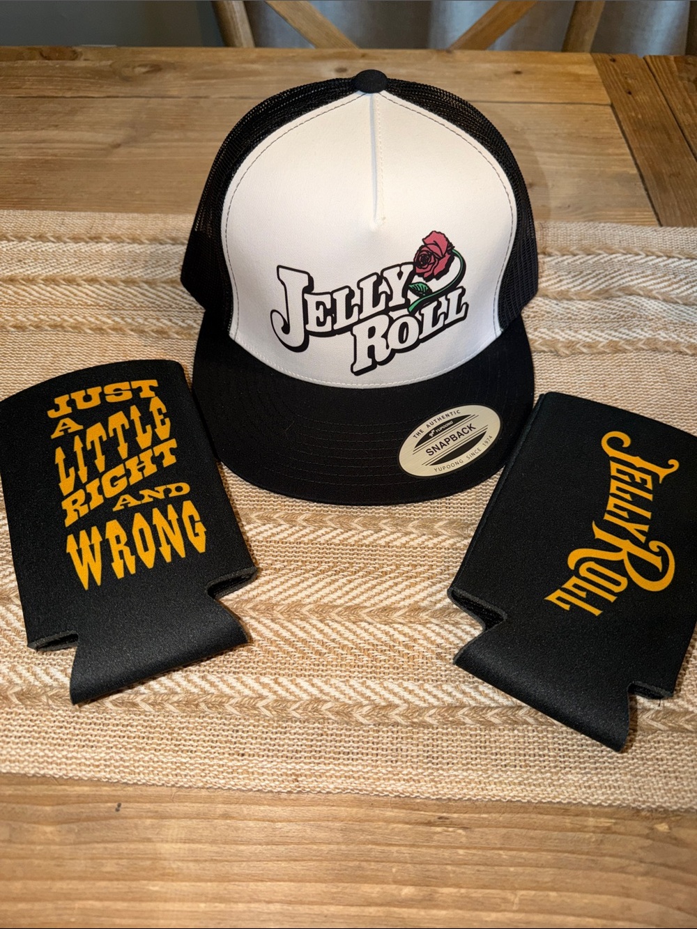 Jelly Roll Concert SnapBack Hat & Koozie’s Just a Little Right and Wrong